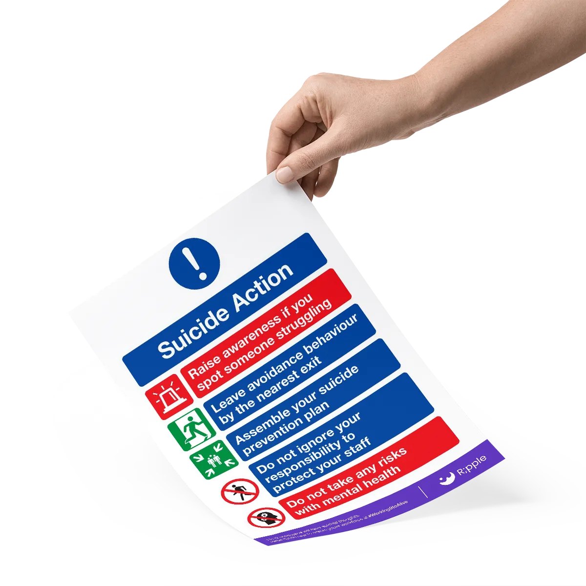 Hand holding a 'Suicide Action' informational sheet with steps to raise awareness, leave avoidant behavior, assemble a suicide prevention plan, protect staff, and avoid risks with mental health.